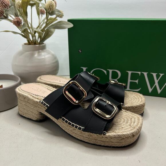 J. Crew Block-Heel Espadrille Sandals Leather Raffia Slip-on Black Women's 9 NWB - Picture 1 of 12
